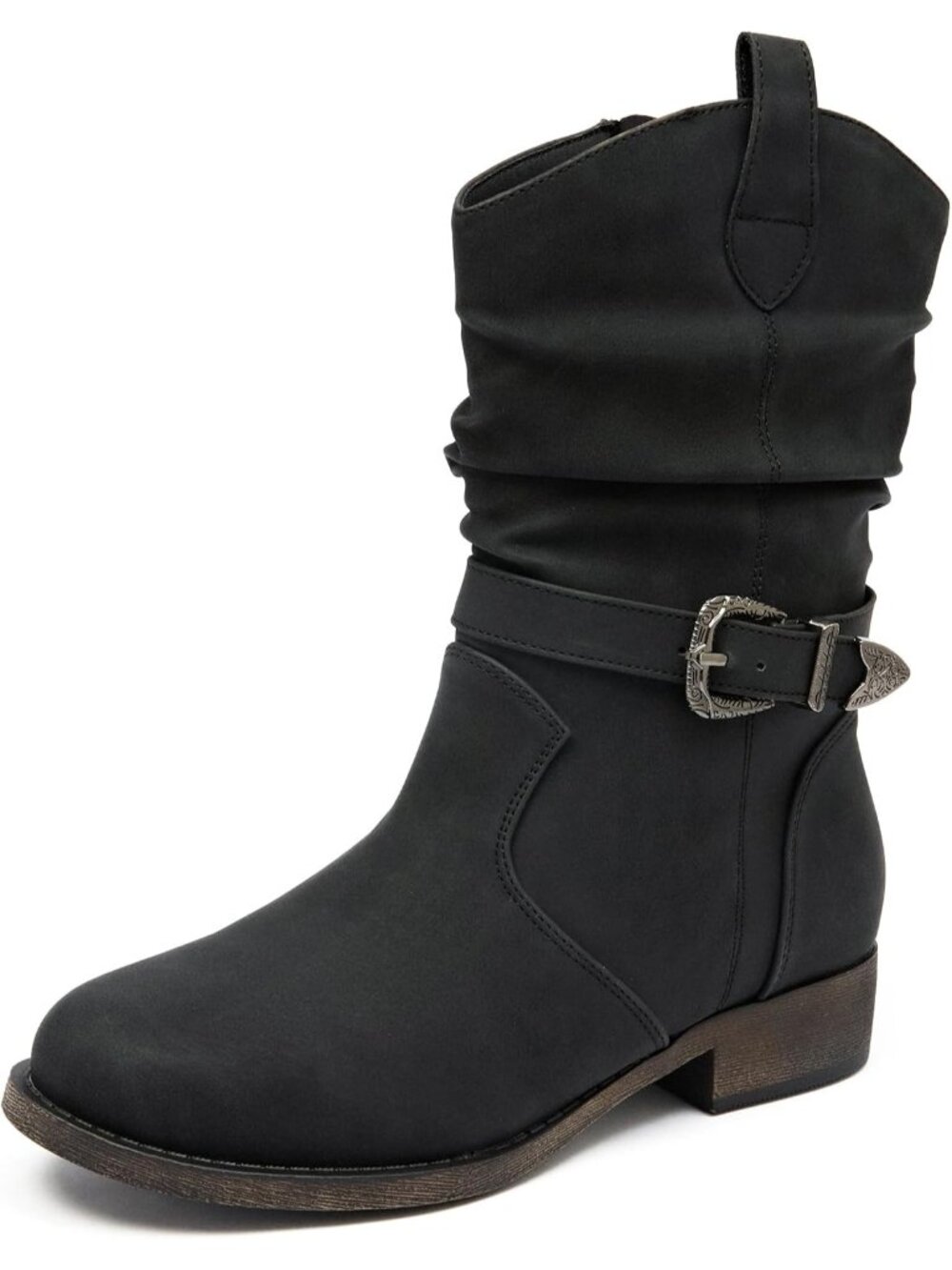 Women’s Black Mid-Calf Western Boots, Low Heel Zipper Boots